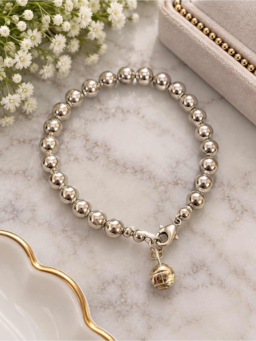 Silver Tone Round Bead Bracelet Heart Dangle Charm Lobster Clasp Women’s Jewelry